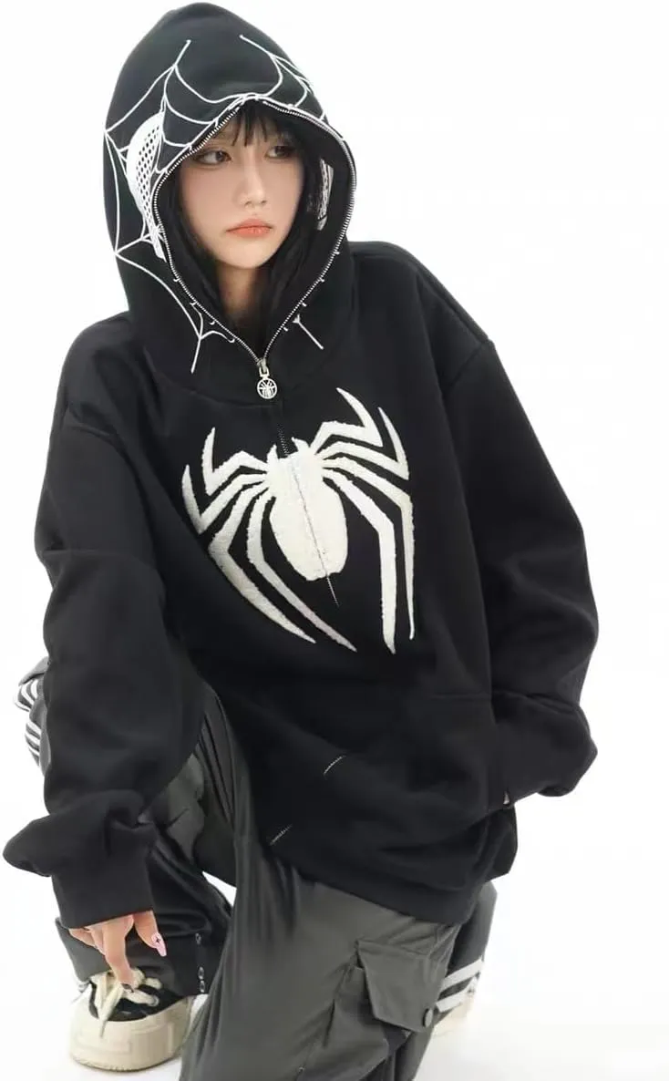 Y2k Hip Hop Embroidery Spider Hoodie Full Zip Up Harajuku Streetwear Oversized Kawaii Graphic Jacket Sweatshirts