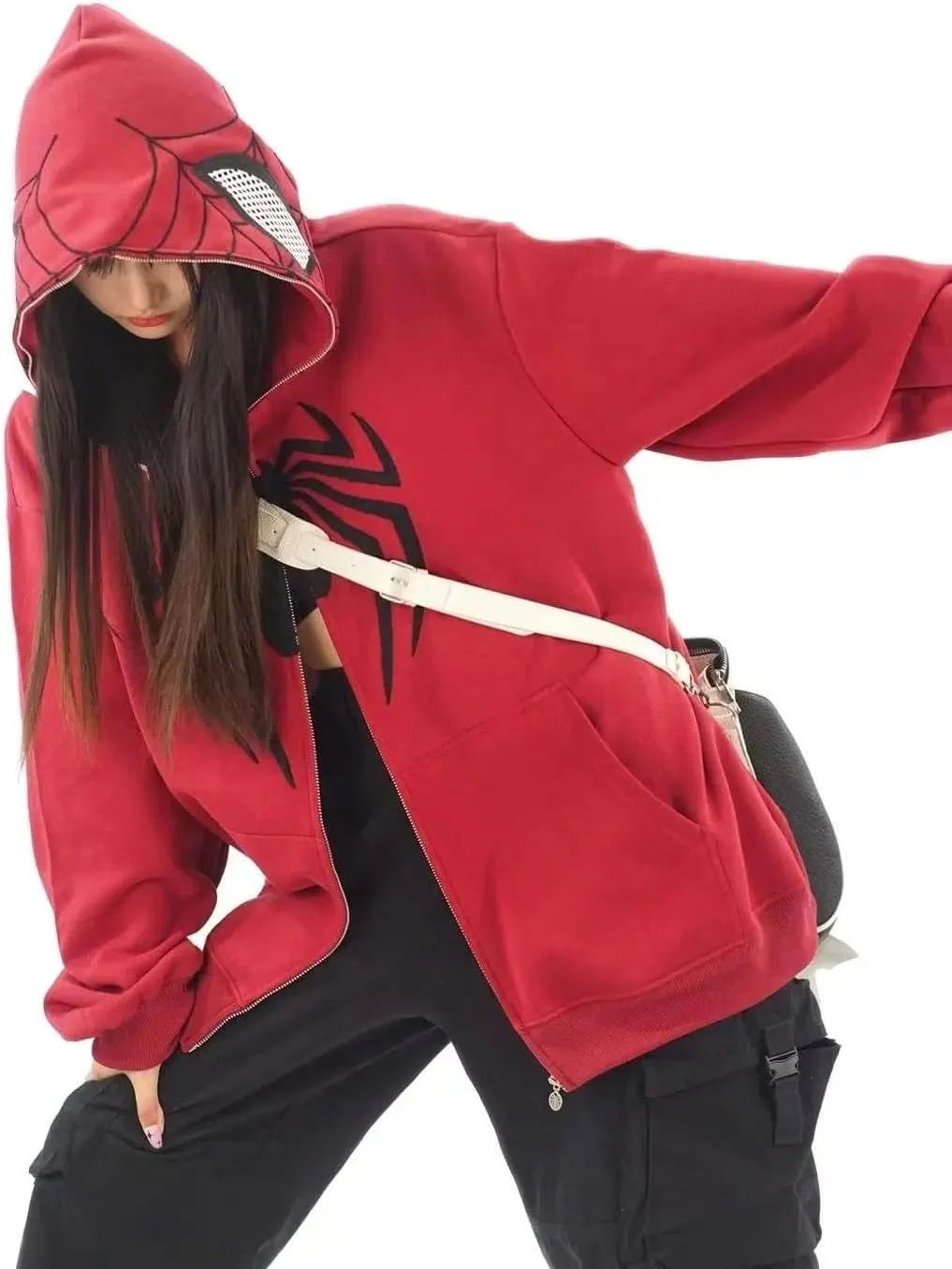 Y2k Hip Hop Embroidery Spider Hoodie Full Zip Up Harajuku Streetwear Oversized Kawaii Graphic Jacket Sweatshirts