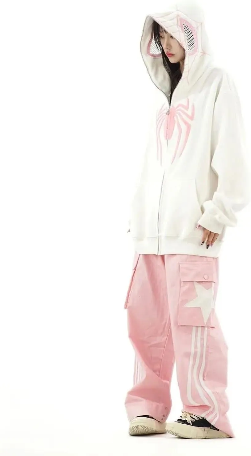 Y2k Hip Hop Embroidery Spider Hoodie Full Zip Up Harajuku Streetwear Oversized Kawaii Graphic Jacket Sweatshirts