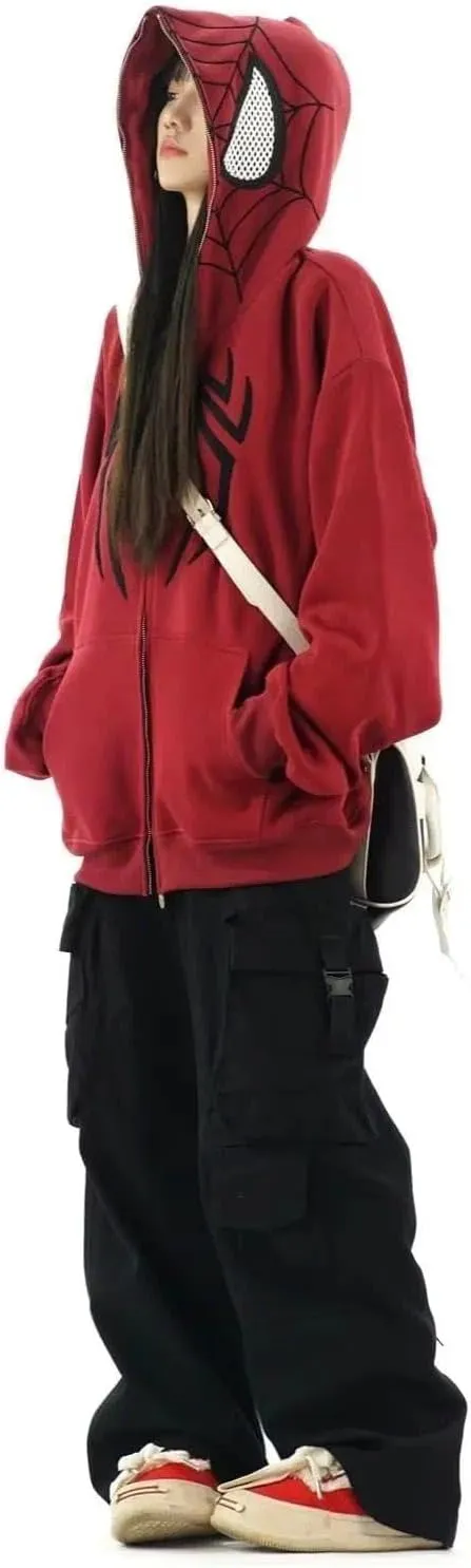 Y2k Hip Hop Embroidery Spider Hoodie Full Zip Up Harajuku Streetwear Oversized Kawaii Graphic Jacket Sweatshirts