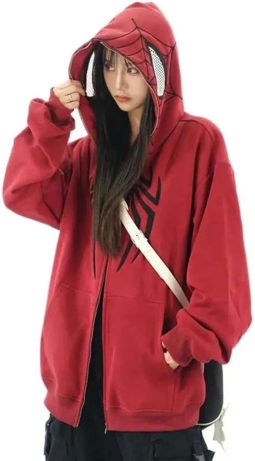 Y2k Hip Hop Embroidery Spider Hoodie Full Zip Up Harajuku Streetwear Oversized Kawaii Graphic Jacket Sweatshirts