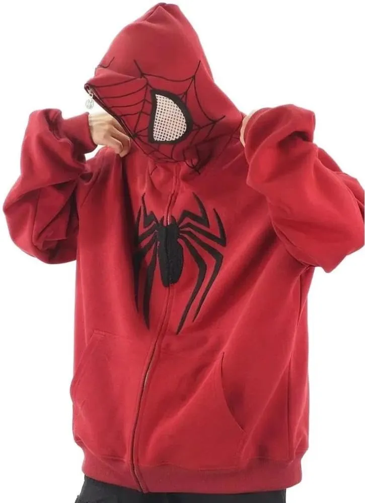 Y2k Hip Hop Embroidery Spider Hoodie Full Zip Up Harajuku Streetwear Oversized Kawaii Graphic Jacket Sweatshirts