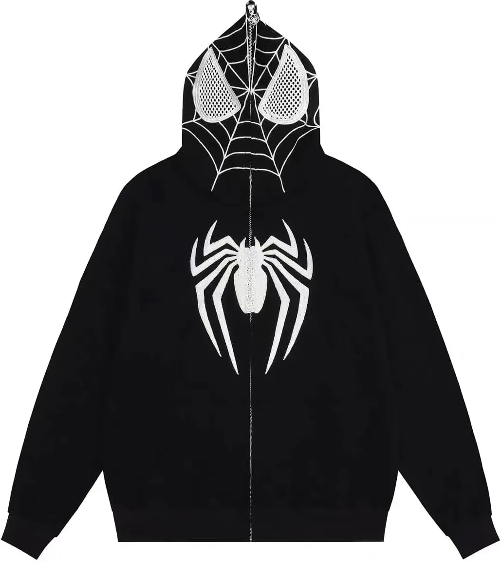 Y2k Hip Hop Embroidery Spider Hoodie Full Zip Up Harajuku Streetwear Oversized Kawaii Graphic Jacket Sweatshirts