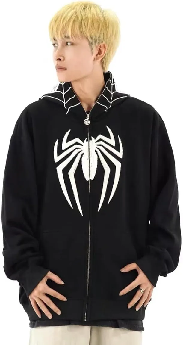 Y2k Hip Hop Embroidery Spider Hoodie Full Zip Up Harajuku Streetwear Oversized Kawaii Graphic Jacket Sweatshirts