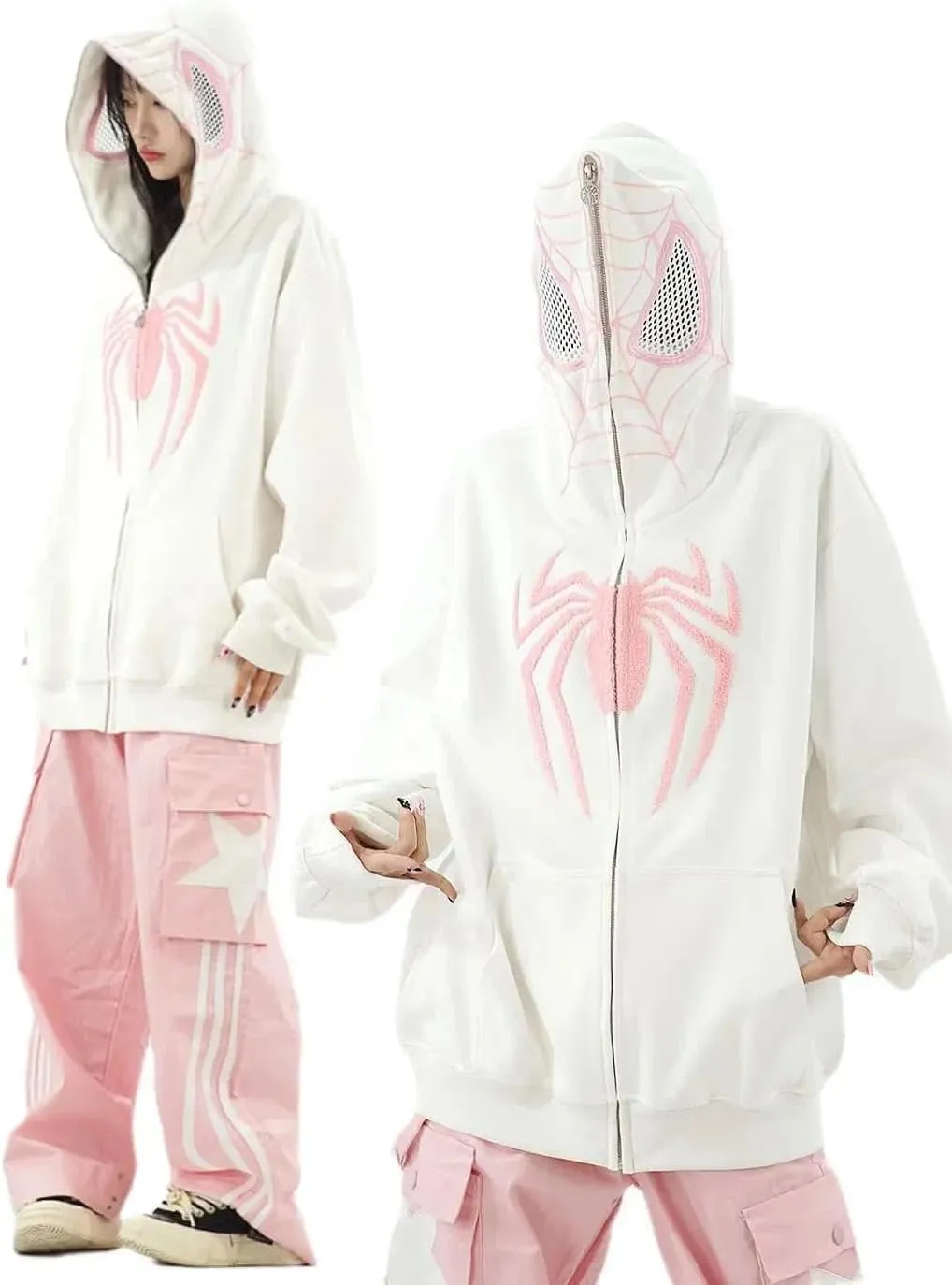 Y2k Hip Hop Embroidery Spider Hoodie Full Zip Up Harajuku Streetwear Oversized Kawaii Graphic Jacket Sweatshirts