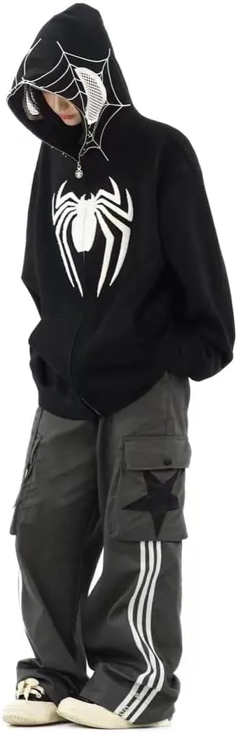 Y2k Hip Hop Embroidery Spider Hoodie Full Zip Up Harajuku Streetwear Oversized Kawaii Graphic Jacket Sweatshirts