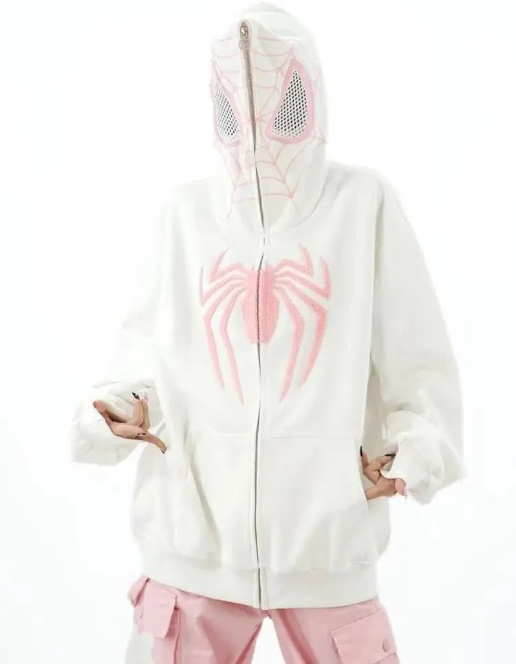 Y2k Hip Hop Embroidery Spider Hoodie Full Zip Up Harajuku Streetwear Oversized Kawaii Graphic Jacket Sweatshirts