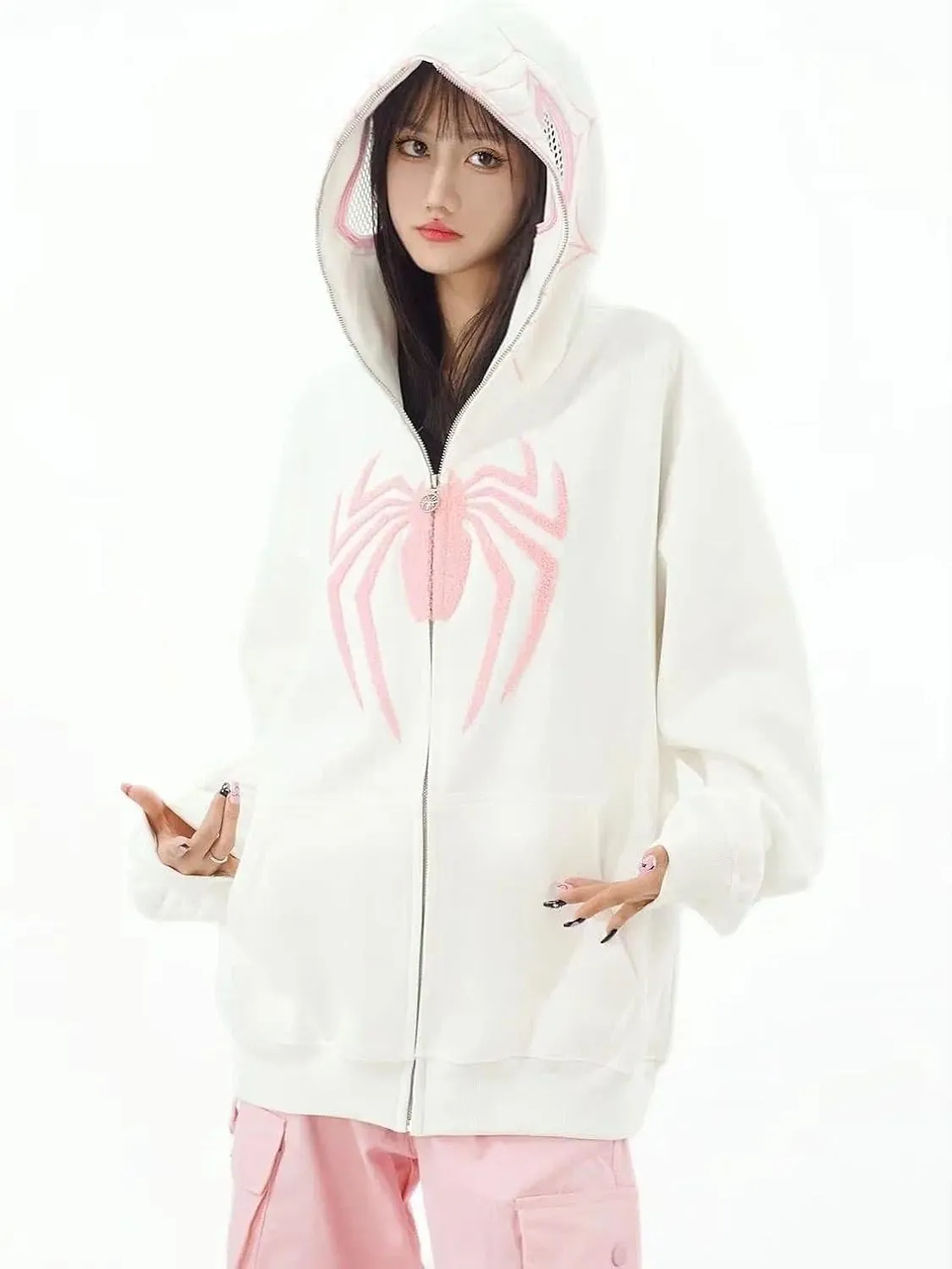 Y2k Hip Hop Embroidery Spider Hoodie Full Zip Up Harajuku Streetwear Oversized Kawaii Graphic Jacket Sweatshirts