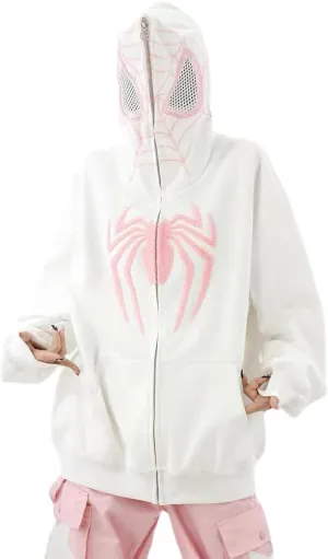 Y2k Hip Hop Embroidery Spider Hoodie Full Zip Up Harajuku Streetwear Oversized Kawaii Graphic Jacket Sweatshirts