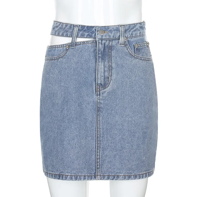 Y2K Women&#39;s High Waist Denim Skirt 2023 Hollow Button Zipper Mini Skirt Ladies Sexy Clothing Female Party Night Club Street Wear