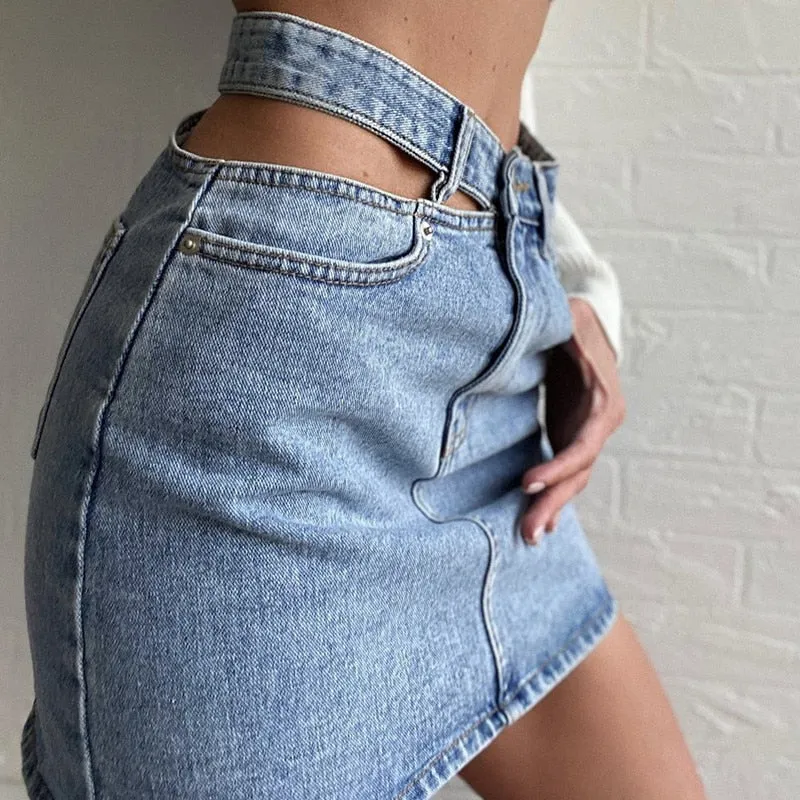 Y2K Women&#39;s High Waist Denim Skirt 2023 Hollow Button Zipper Mini Skirt Ladies Sexy Clothing Female Party Night Club Street Wear