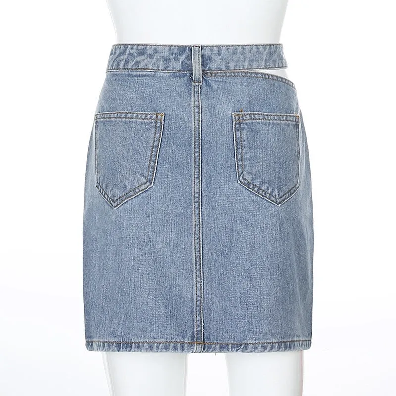 Y2K Women&#39;s High Waist Denim Skirt 2023 Hollow Button Zipper Mini Skirt Ladies Sexy Clothing Female Party Night Club Street Wear