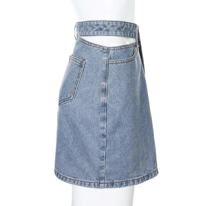 Y2K Women&#39;s High Waist Denim Skirt 2023 Hollow Button Zipper Mini Skirt Ladies Sexy Clothing Female Party Night Club Street Wear