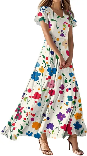 ZEFOTIM Long Maxi Dresses for Women Sexy Floral Dress Short Sleeve V Neck Dresses