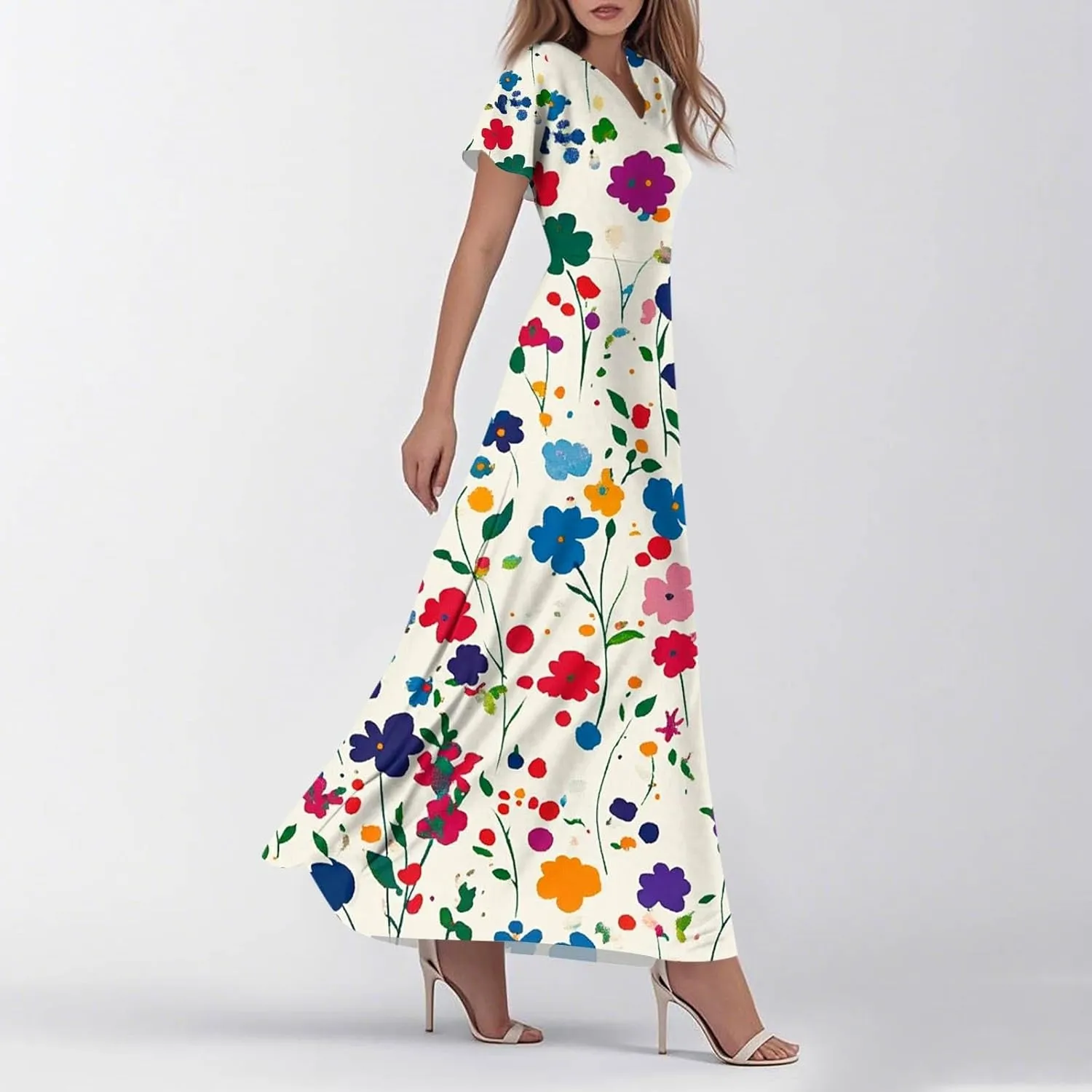 ZEFOTIM Long Maxi Dresses for Women Sexy Floral Dress Short Sleeve V Neck Dresses