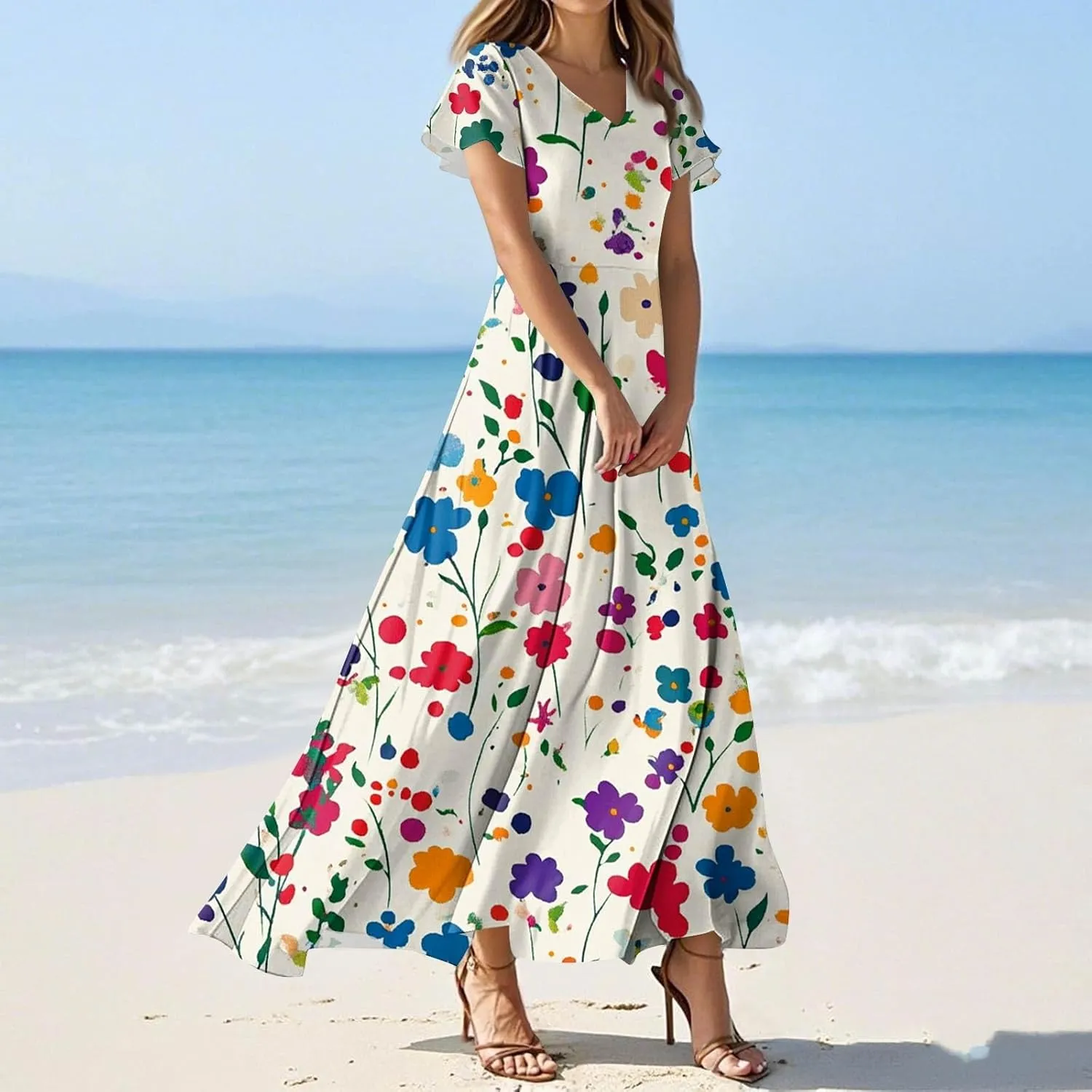 ZEFOTIM Long Maxi Dresses for Women Sexy Floral Dress Short Sleeve V Neck Dresses