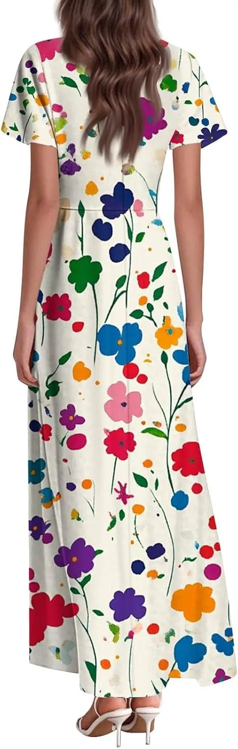 ZEFOTIM Long Maxi Dresses for Women Sexy Floral Dress Short Sleeve V Neck Dresses