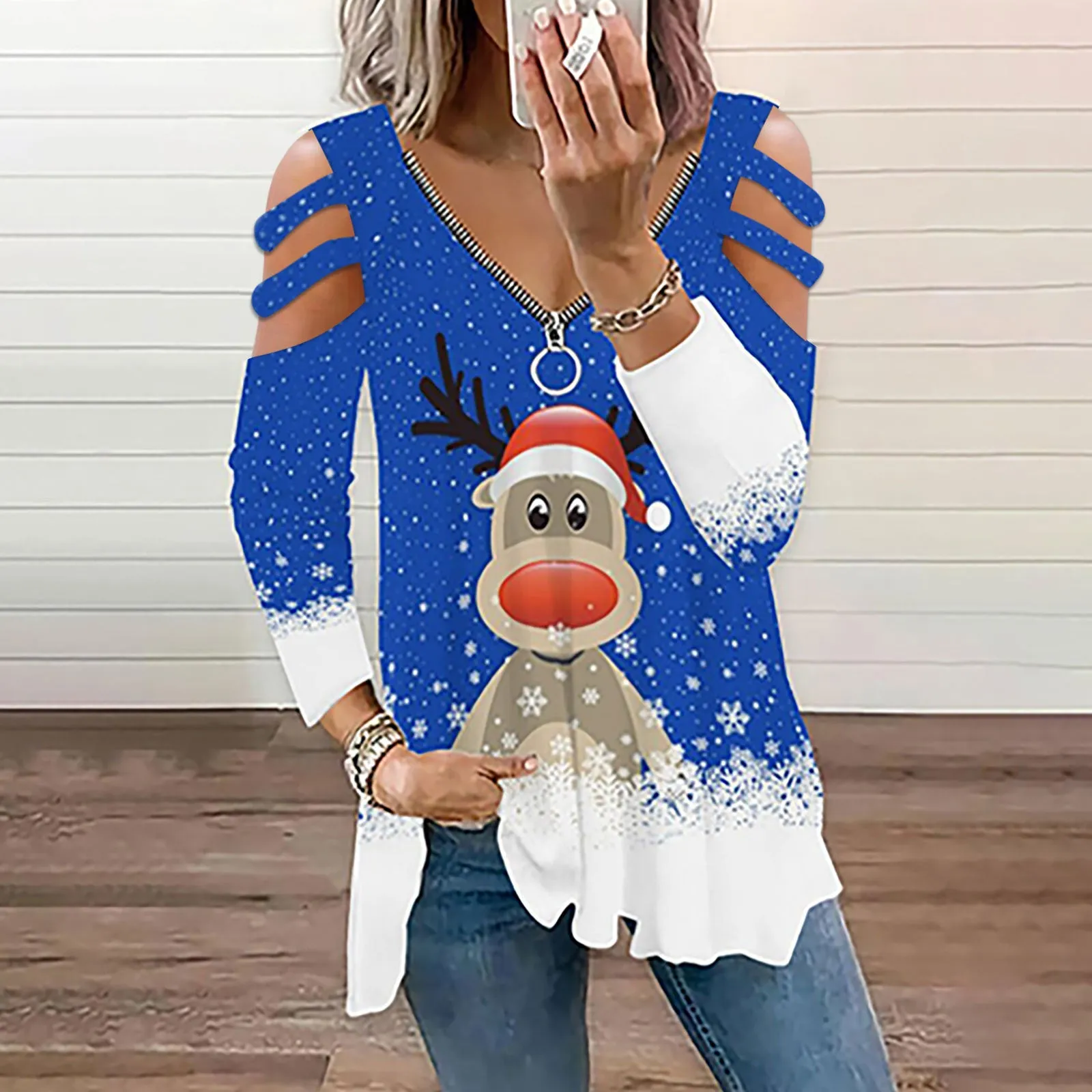Zip Up Cold Shoulder Graphic Printed Loose Top