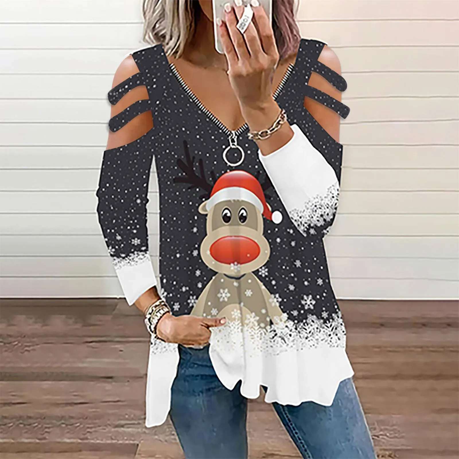 Zip Up Cold Shoulder Graphic Printed Loose Top