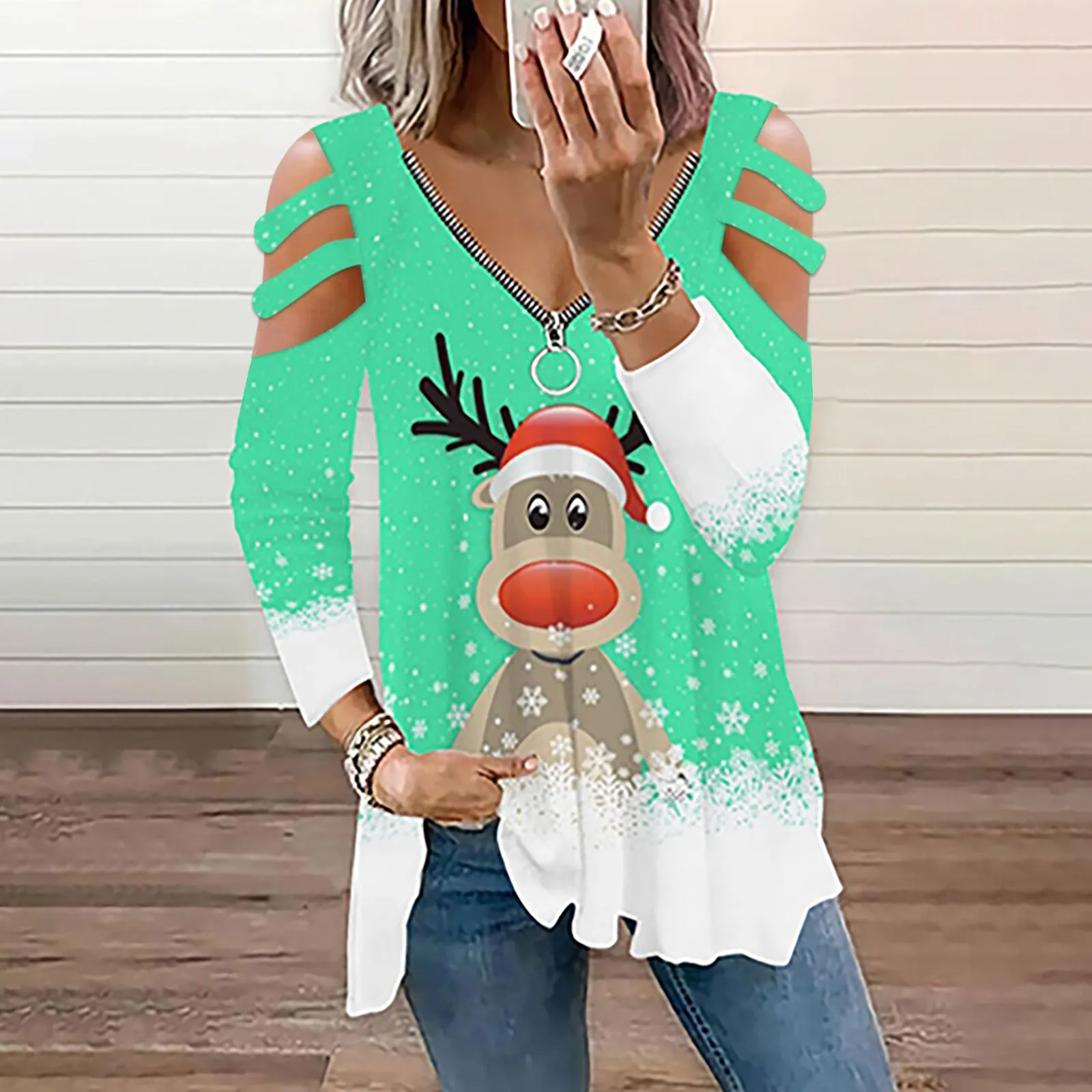 Zip Up Cold Shoulder Graphic Printed Loose Top