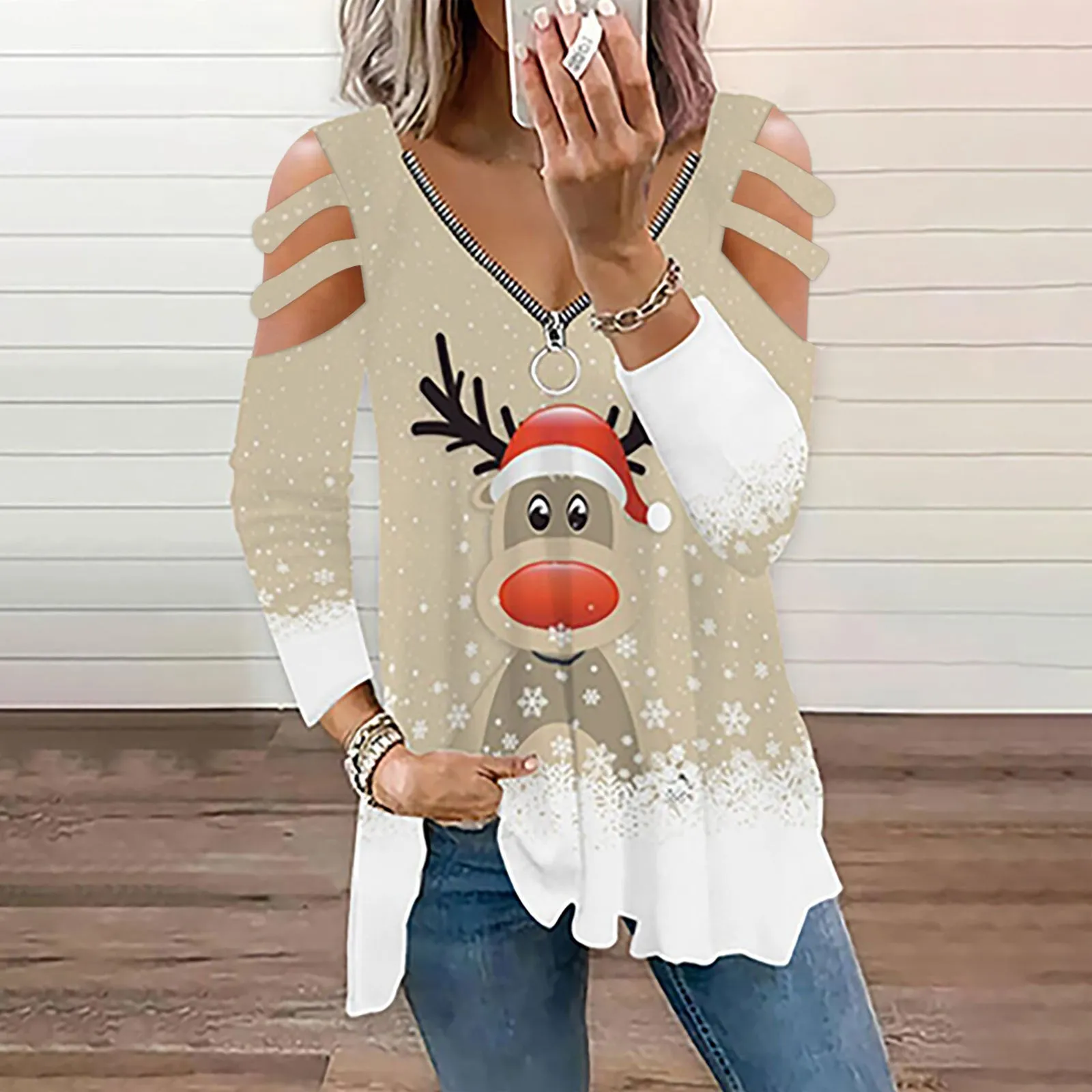 Zip Up Cold Shoulder Graphic Printed Loose Top