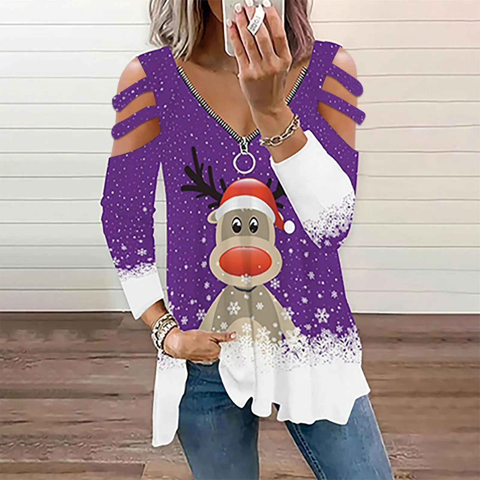 Zip Up Cold Shoulder Graphic Printed Loose Top